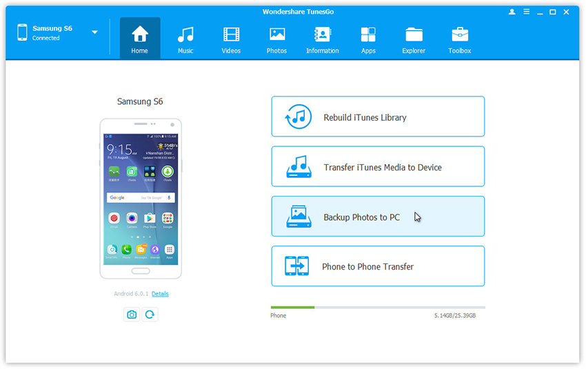 select backup photos to pc option