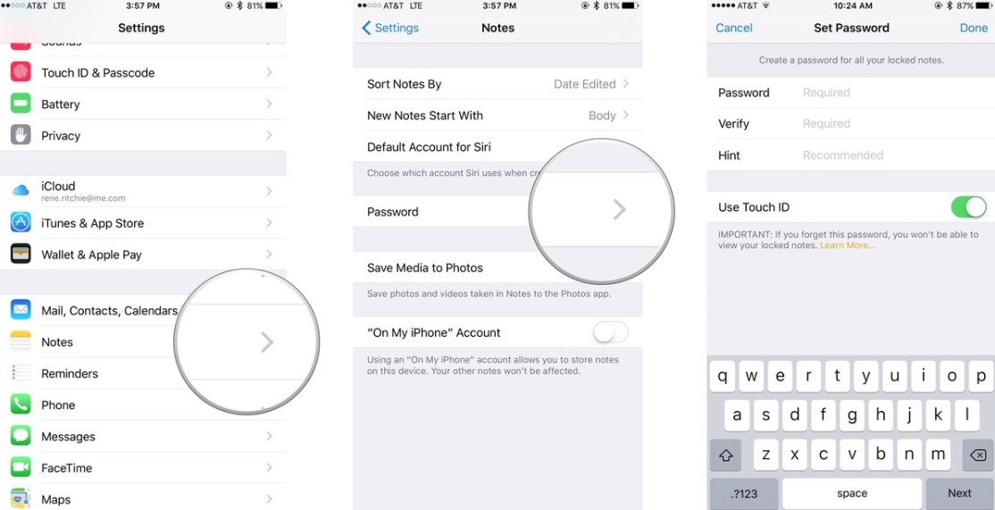 lock iphone notes with touch id or password