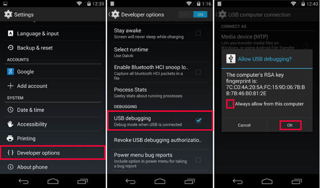 enable usb debug on android and tablets