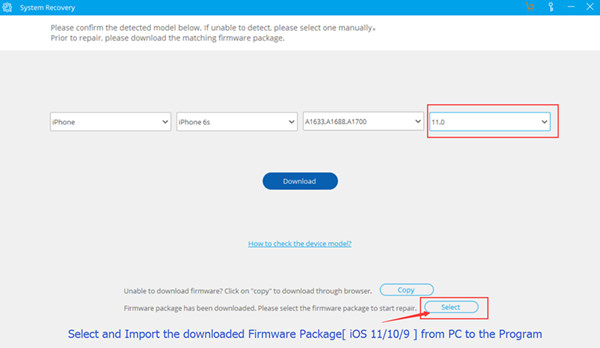select and import iPSW files