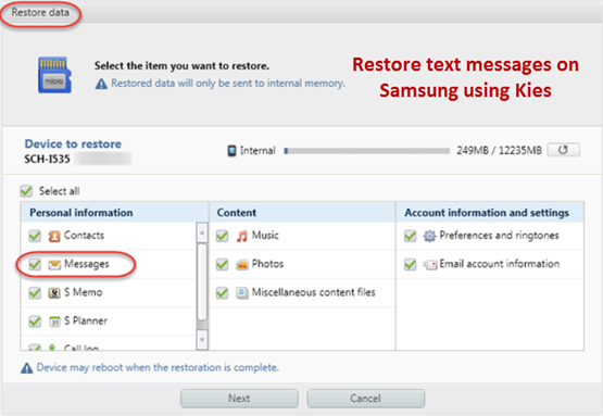 restore galaxy s8 text messages from kies backup