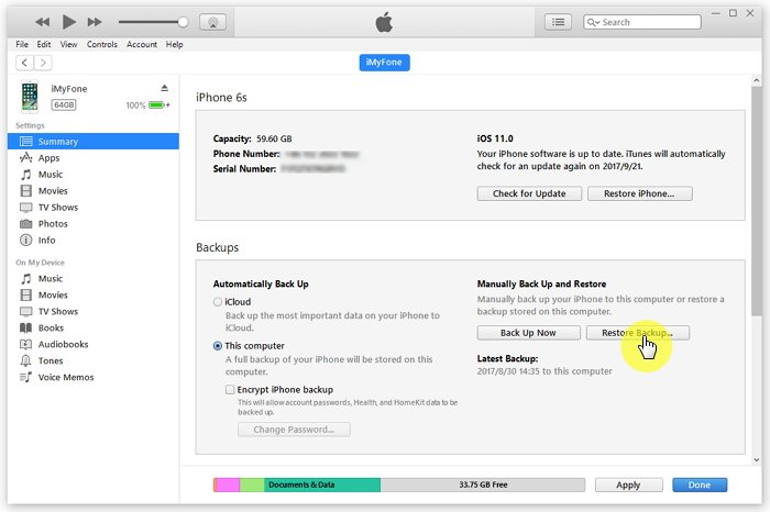restore iPhone 8/X contacts from iTunes