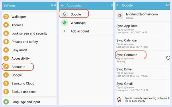 sync contacts from galaxy s8 to gmail