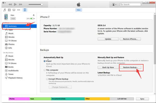 restore iPhone 7 data from iTunes