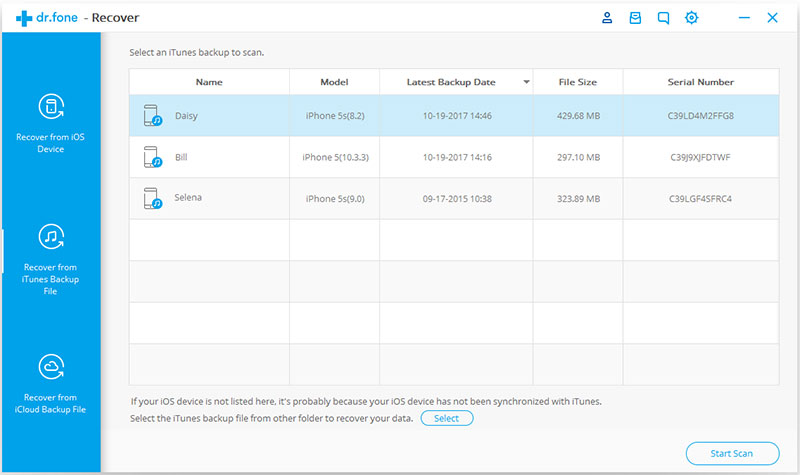 select iTunes backup file