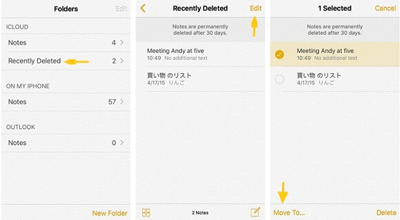 recover notes from recently deleted folder on iphone XS